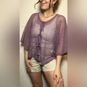 Boho Open Knit Cardigan Top Purple Sheer Beachy Layering One Size